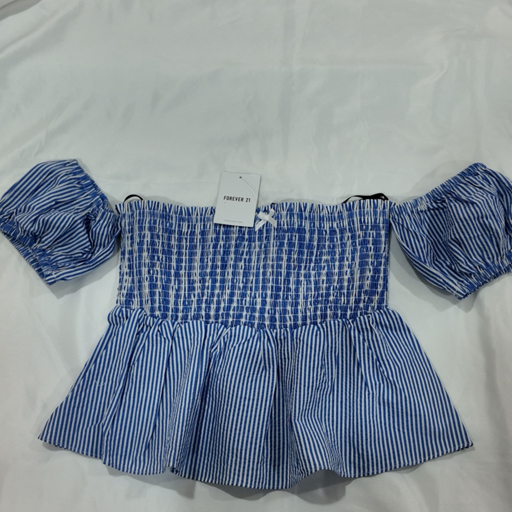 Forever 21 Blue and White Striped Off-Shoulder Peplum Top